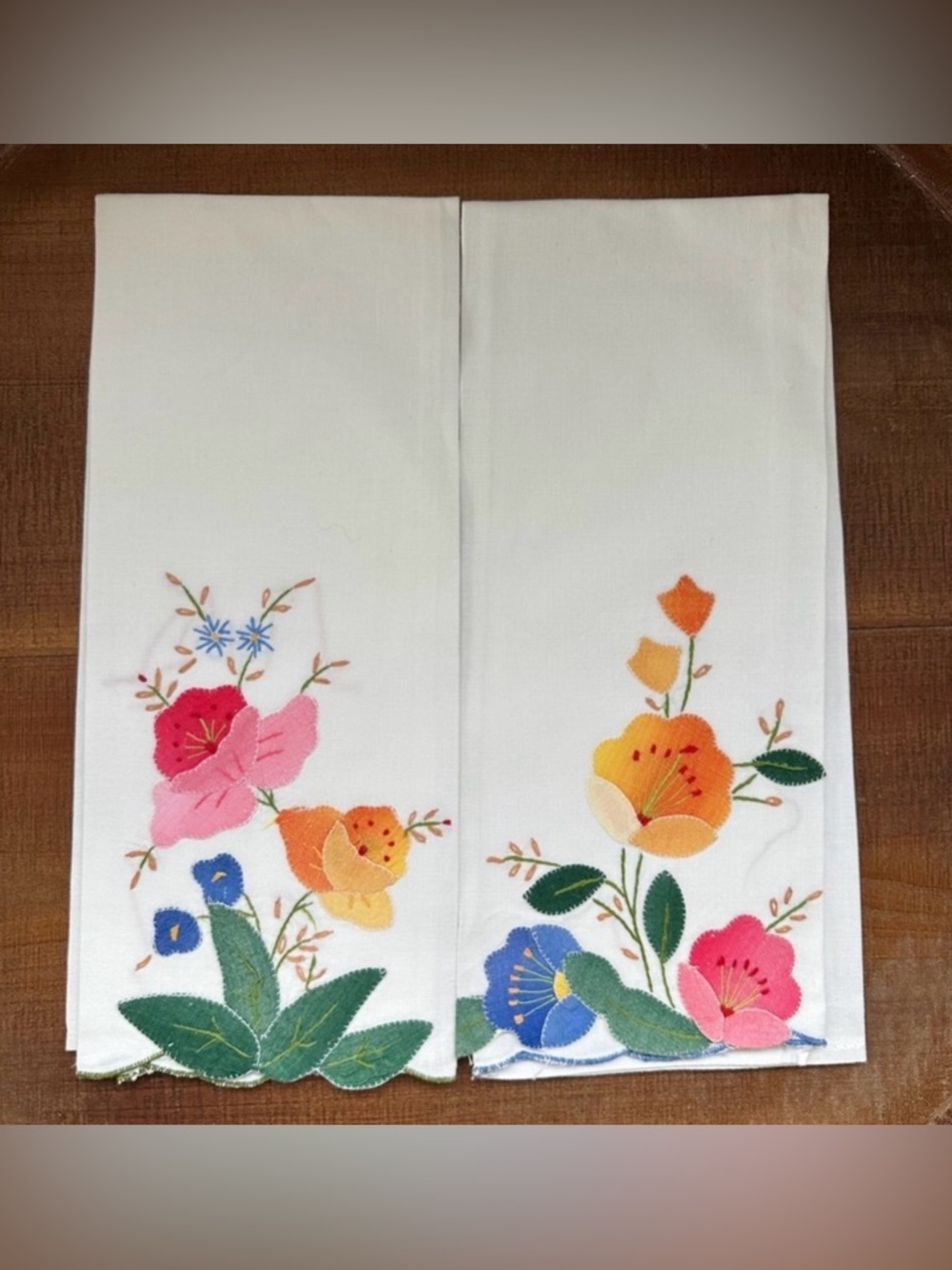 Set of Vintage Floral Embroidered White Napkins